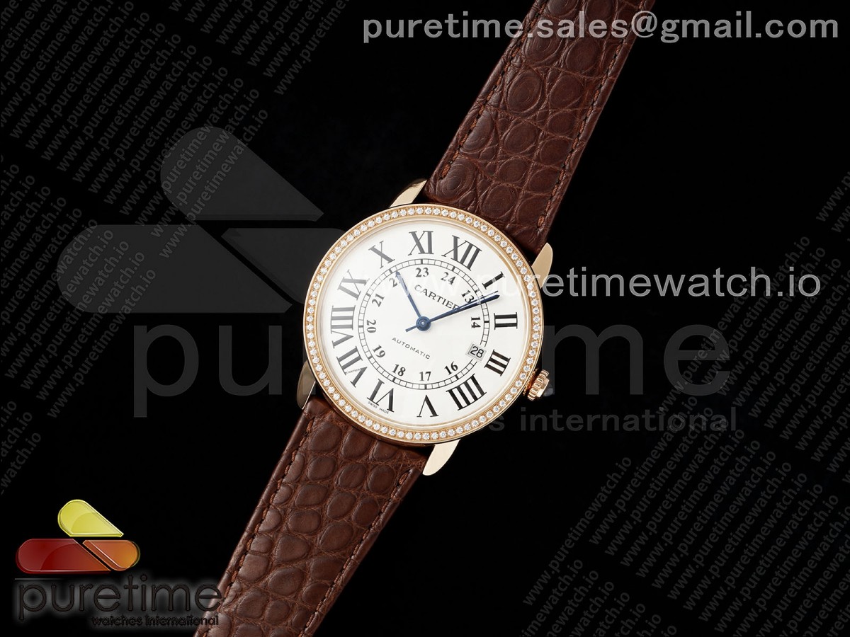 AF공장 까르띠에 롱드솔로 로즈골드금통 42mm 스틸 화이트다이얼 다이아몬드베젤 브라운가죽스트랩 Ronde Solo 42mm RG AF 1:1 Best Edition White Dial Diamonds Bezel on Brown Black Strap MIYOTA 9015